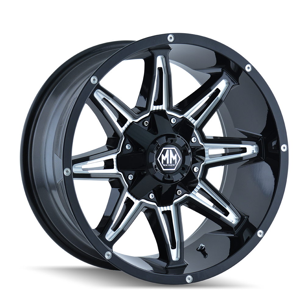 Mayhem Rampage 8090 Gloss Black Milled 20x10 6x135, 6x139.7 (6x5.5) BP 4.52 BS -25mm Offset 106 hub bore